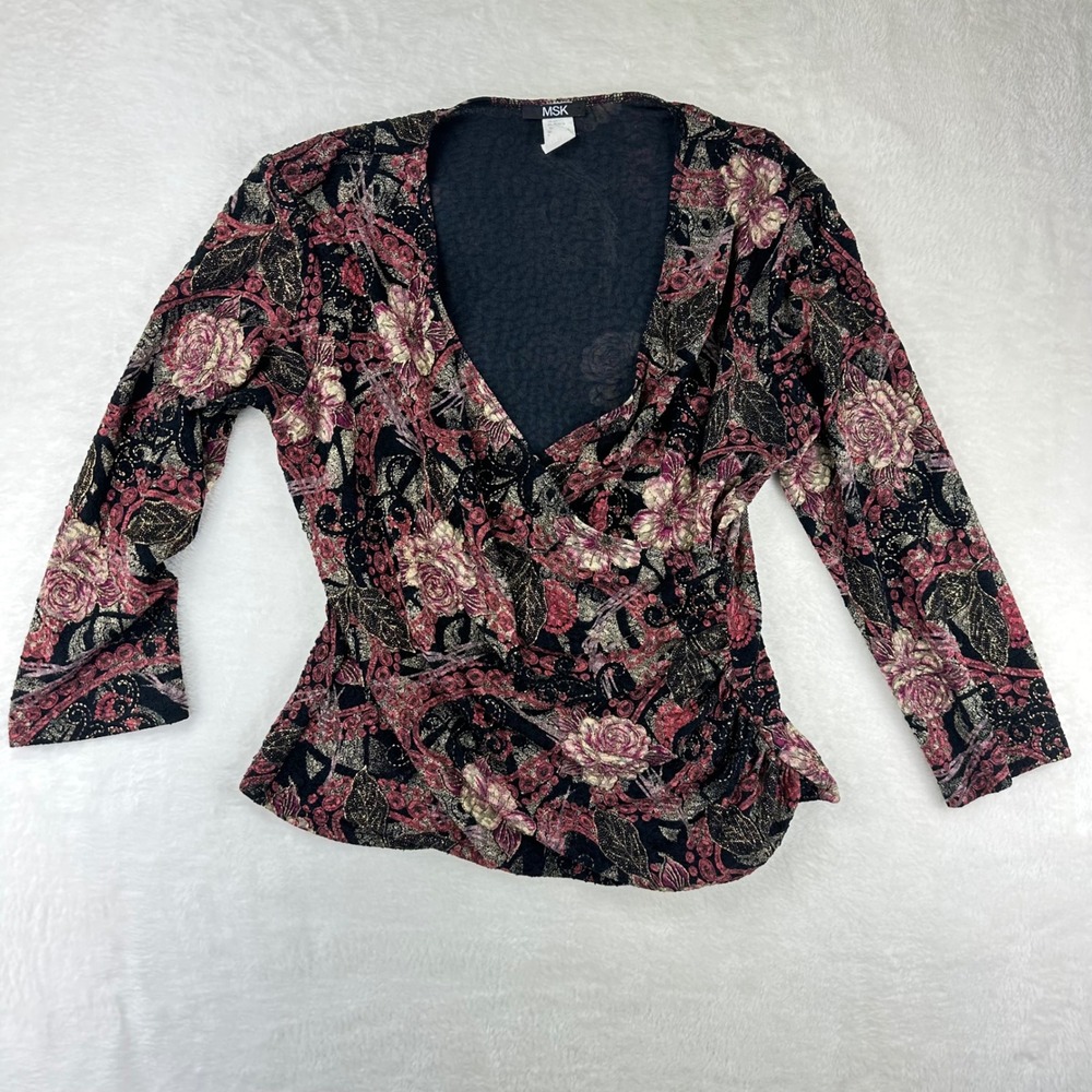 VTG MSK Blouse Womens L Black Pink Floral Rose Wrap V-Neck Whimsigoth Fairycore